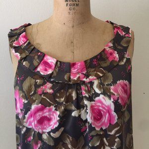 Black Pink Floral Sleeveless Blouse Silky - Small